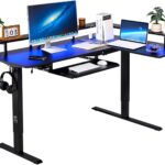 VEVOR L Shaped Desk, Electric Adjustable Height Corner Gaming Desk with Keyboard Tray and Dual Hooks, Heavy Duty L-Shaped Computer Table with Light Strip for Home Office, Easy to Assemble, Black