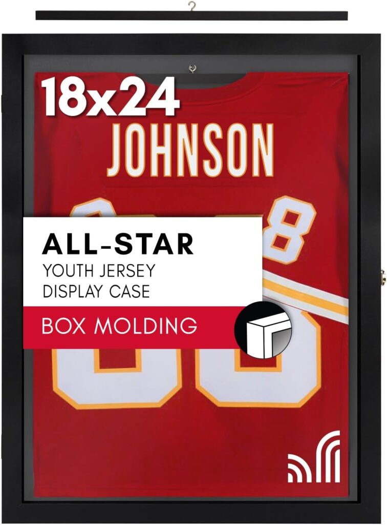 Americanflat Kids Jersey Frame Display Case Lockable – 18×24 Display Frame with Hanger – Sports Frame Shadow Box for Baseball, Football, Basketball Jerseys – All-Star Collection – Youth Size – Black