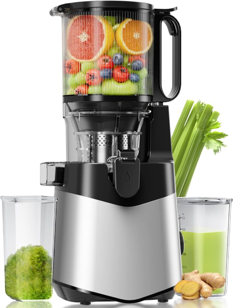 Cold Press Juicer, 5.3″ Extra Large Feed Chute Fit Whole Fruits & Vegetables, 350W Slow Masticating Juicer Machines, Easy to Clean, High Juice Yield（Silver）