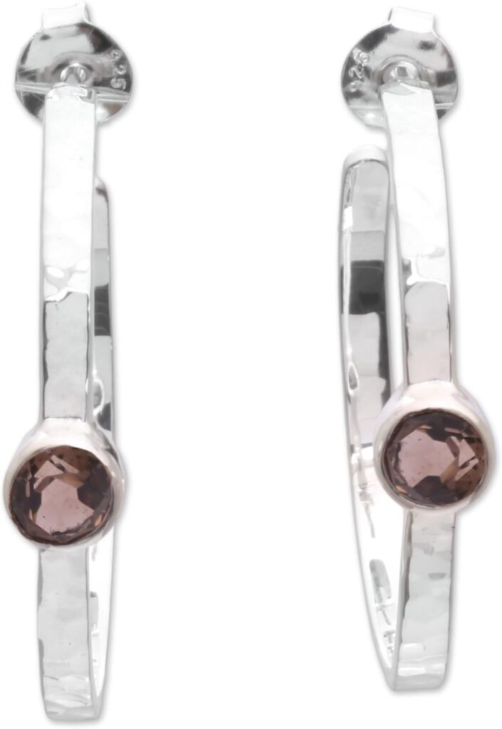 NOVICA Artisan Handmade Smoky Quartz Half-hoop Earrings Sterling Silver Hammered Indonesia Gemstone [1.3 in L x 0.2 in W x 1.4 in D] ‘Mosaic Song’