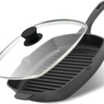 10.5 Inch Cast Iron Square Grill Pan with Tempered Glass Lid, Heavy Steak & Bacon Pans for Stove Tops