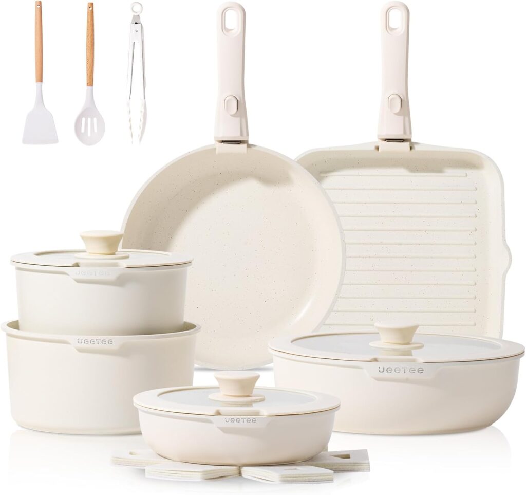 JEETEE 25pcs Pots and Pan Set Non Stick, Detachable Handle Cookware Set, Induction Cooking & RV Camping Stackable Pots Pans, Healthy Kitchen Cookware Set PFAS/PFOA Free Beige