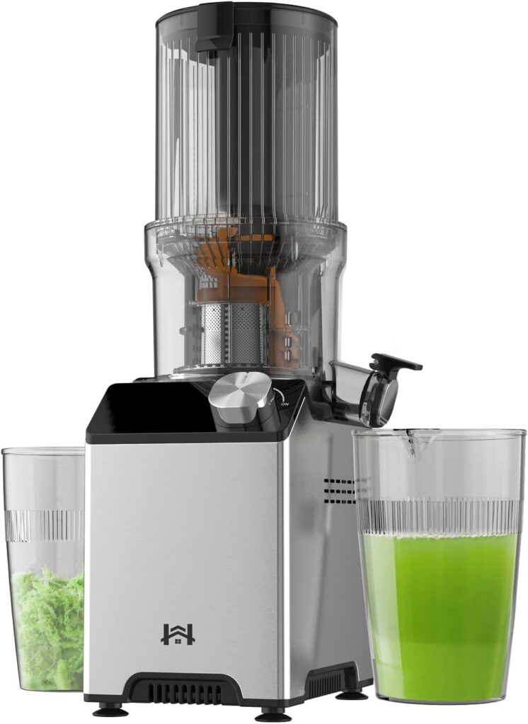 Cold Press Juicer, Juicer Machines with 4.35” Wide Feed Chute, Stainless Steel Masticating Juicers Easy to Clean, Ergonomic Operational Panel Design, High Juice Yield, Platinum Color Knob