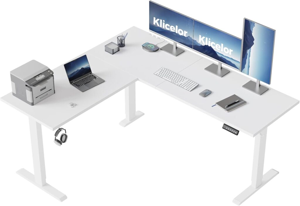 L Shaped Standing Desk 63 x 55 Inch, Electric Height Adjustable Corner Desk with Splice Board, Sit Stand Computer Table with Memory Controller, Ergonomic Home Office Workstation, White