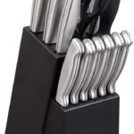 Oster Baldwyn 14 Piece Stainless Steel Cutting Kitchen Knife Cutlery Set with Swivel Block Holder and Knife Sharpener, Brushed Satin