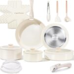 Chef Power Ceramic Cookware Set Non Toxic with Detachable Handles, Healthy Nonstick Pans and Pots Set 19 Pcs, Induction Dishwasher Oven Safe Kitchen Set, PFAS PFOA & PTFE Free, Cream White