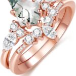 Natural Moss Agate Ring Set Kite Cut Green Moss Agate and Moissanite Engagement Rings for Women 925 Sterling Silver Art Deco Promise Wedding Bridal Set Anniversary Birthday Christmas Jewelry Gifts