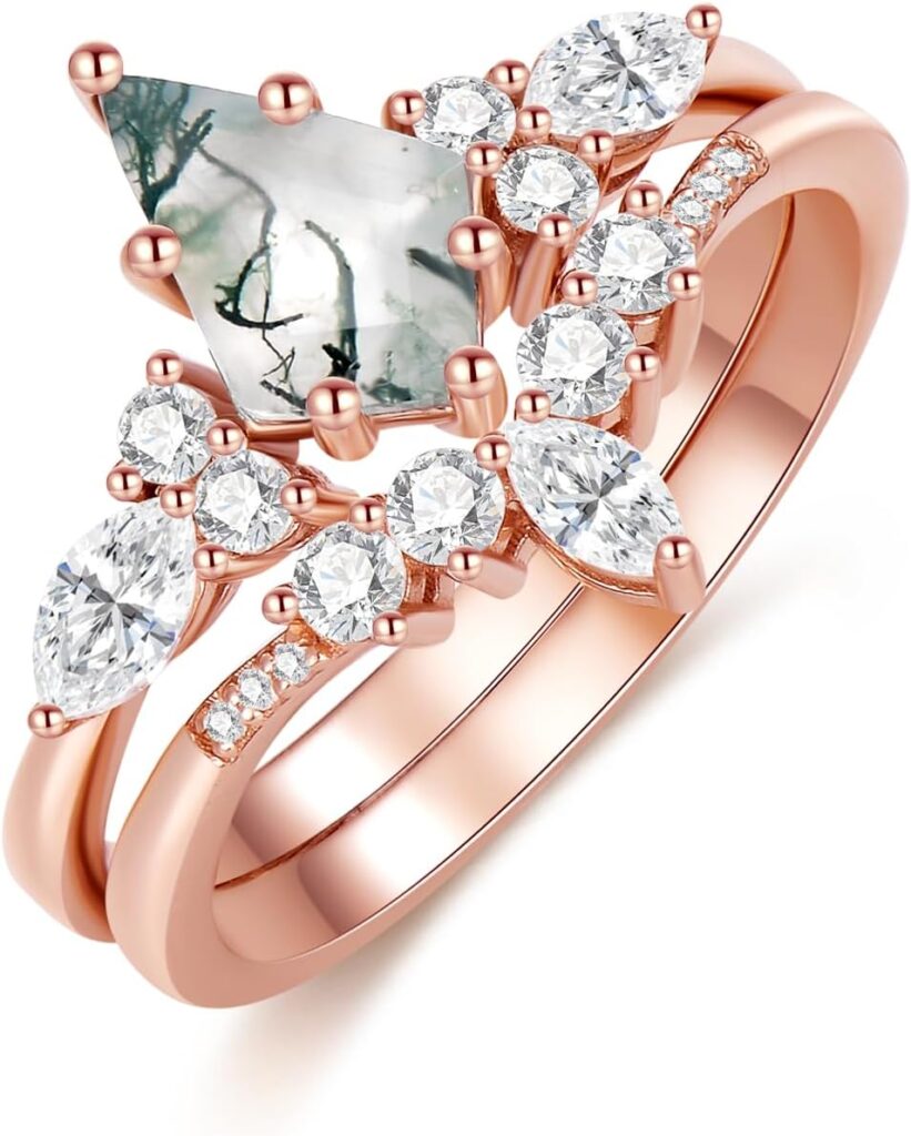 Natural Moss Agate Ring Set Kite Cut Green Moss Agate and Moissanite Engagement Rings for Women 925 Sterling Silver Art Deco Promise Wedding Bridal Set Anniversary Birthday Christmas Jewelry Gifts