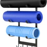LSK Yoga Mat Holder Wall Mount, Black Yoga Mats Storage Rack, Home Gym Storage with Metal Floating Shelf for Storing Fitness, Yoga Mat Rack with 5 Hooks for Hanging Foam Rollers and Resistance Bands