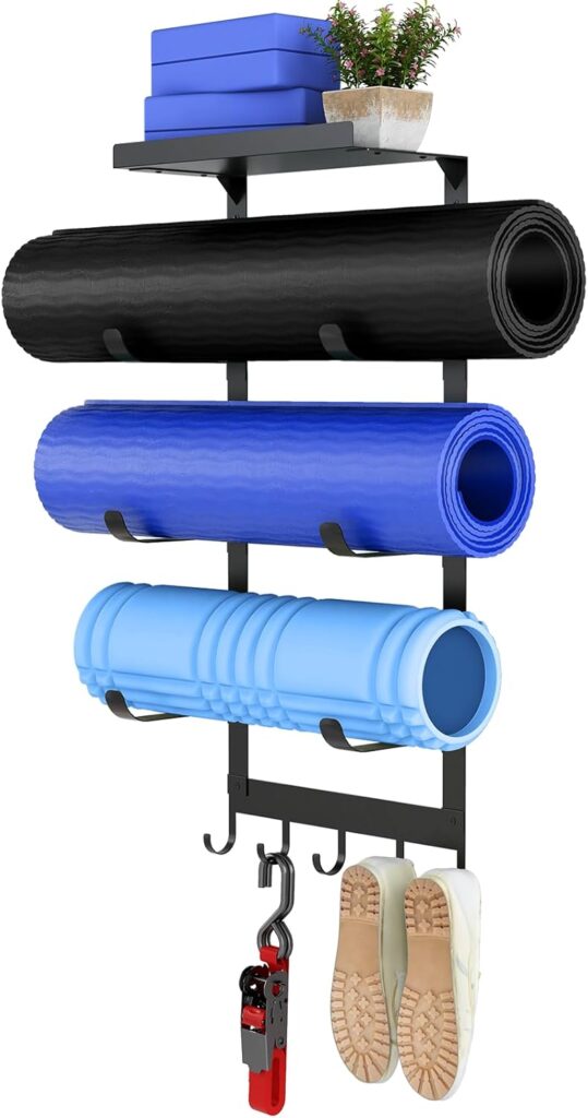 LSK Yoga Mat Holder Wall Mount, Black Yoga Mats Storage Rack, Home Gym Storage with Metal Floating Shelf for Storing Fitness, Yoga Mat Rack with 5 Hooks for Hanging Foam Rollers and Resistance Bands