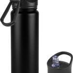 24oz Insulated Water Bottle with Straw Lid, Stainless Steel Metal Water Bottle with Straw & Wide Mouth Lid, Double Wall Vacuum Water Bottle for Hiking Camping, Black 1 Pack