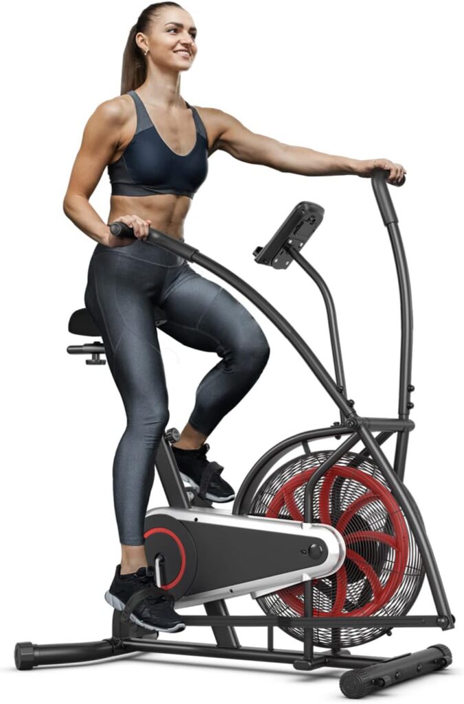 Goplus Air Bike, Fan Exercise Bike with Unlimited Resistance, Clear LCD Display, Tablet Holder, Adjustable Seat and Built-in Wheels, Fan Cycling Bike for Home Cardio Training