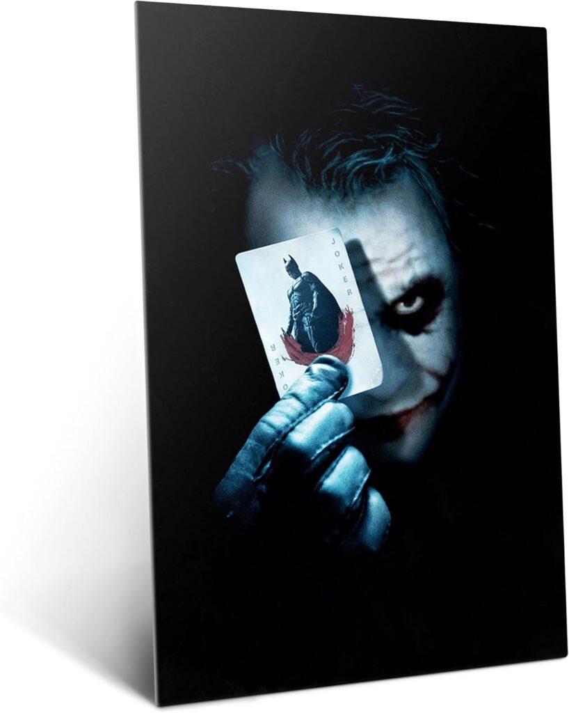 Displate Metal Poster Batman DC Comics – The Dark Knight – Joker with Batman card – Easy Magnetic Mounting – Collectible Gift for Movie Fans – Wall Art Room Decor Bedroom Posters – 12.6×17.7 in