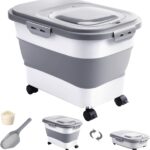20-30 Lbs Rice Storage Container,Collapsible Food Storage Containers with Rolling Wheel Airtight Locking Lid,Flour Storage Container with Cup and Scoop,Suitable for Food,Rice,Pet Food,Flour
