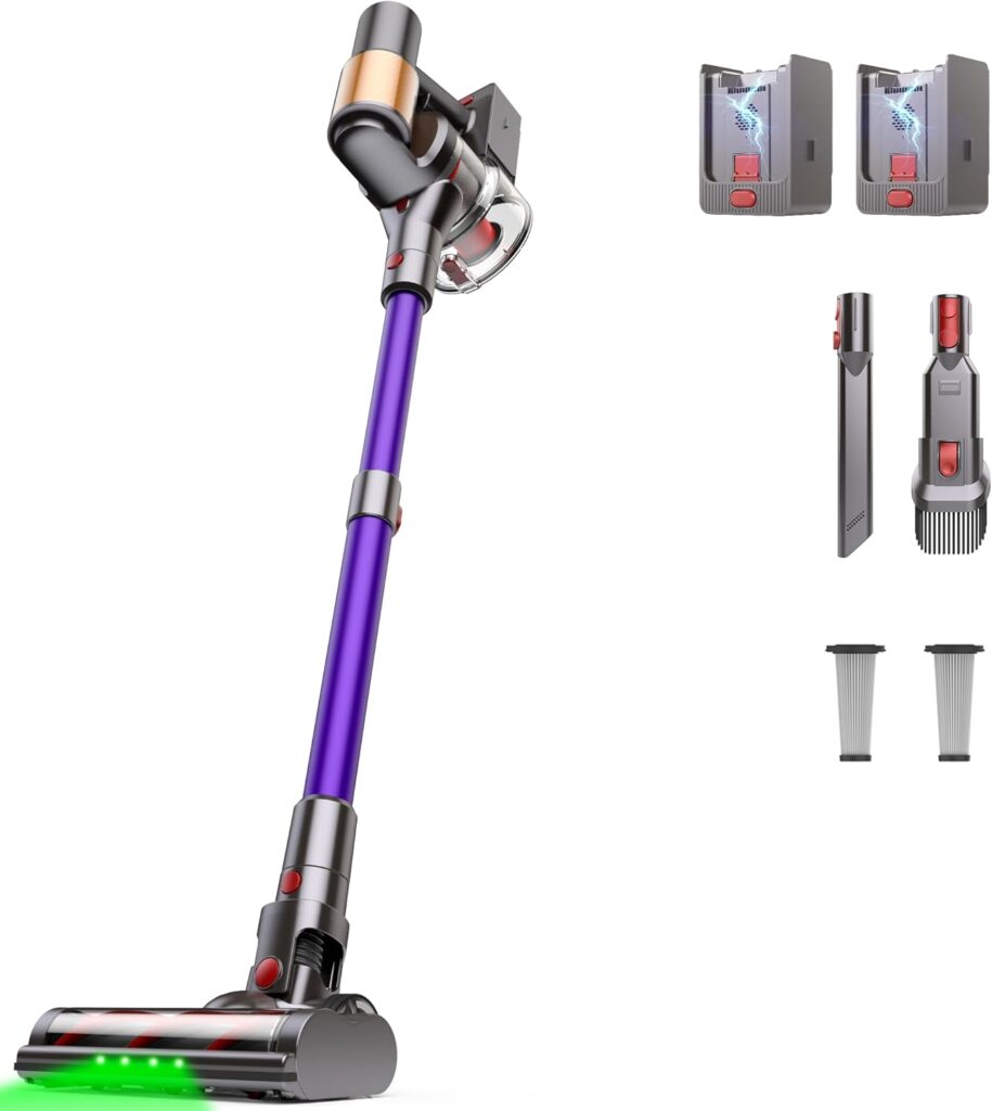 Cordless Vacuum Cleaner, 2 Batteries 120 Mins Runtime 50Kpa 600W, Stick Vacuum with Anti-Tangle Design, Self-Standing, Vacuum Cleaners for Home, Hardwood Floor, Carpet, Pet Hair