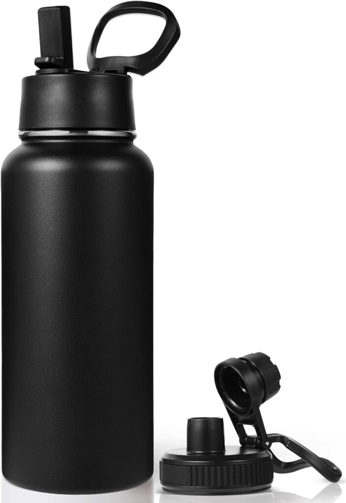 Neihepal 32 oz Insulated Water Bottle with 2 Lids (Straw & Spout Lid), 18/8 Stainless Steel Double Wall Water Bottles for Gym, Travel, Camping, Sports (Black,1 Pack)