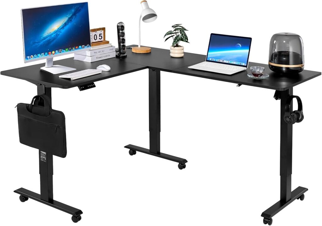 VEVOR L Shaped Standing Desk Adjustable Height, 63 x 55 inch Electric Corner Standing Desk with Power Outlet, 4 Wheels and 2 Hooks, Heavy Duty Carbon Steel Sit Stand Computer Table, Easy to Assemble