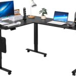 VEVOR L Shaped Standing Desk Adjustable Height, 63 x 55 inch Electric Corner Standing Desk with Power Outlet, 4 Wheels and 2 Hooks, Heavy Duty Carbon Steel Sit Stand Computer Table, Easy to Assemble