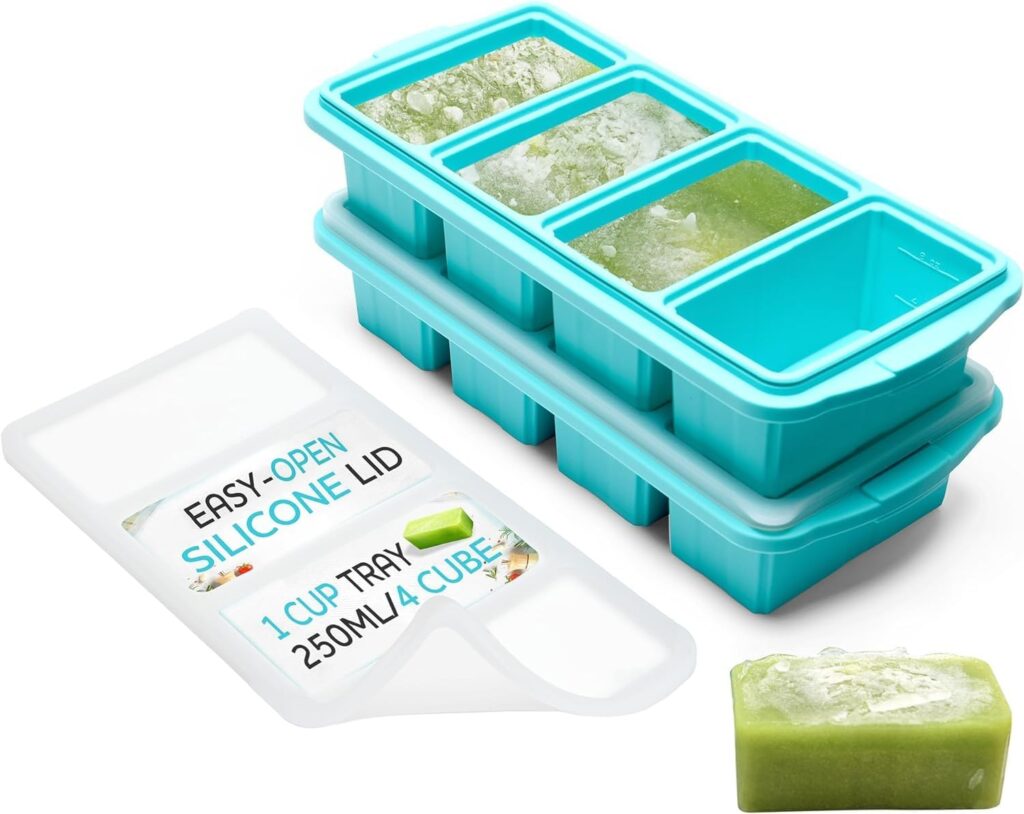 Silicone Freezer Tray With Lid – Soup Freezer Container molds – Large Ice Cube Tray- makes 8 perfect 1 cup portions cubes, 2-Pack Freezer Storage Food Soups & Meal Prep – Oven & Dishwasher -Safe