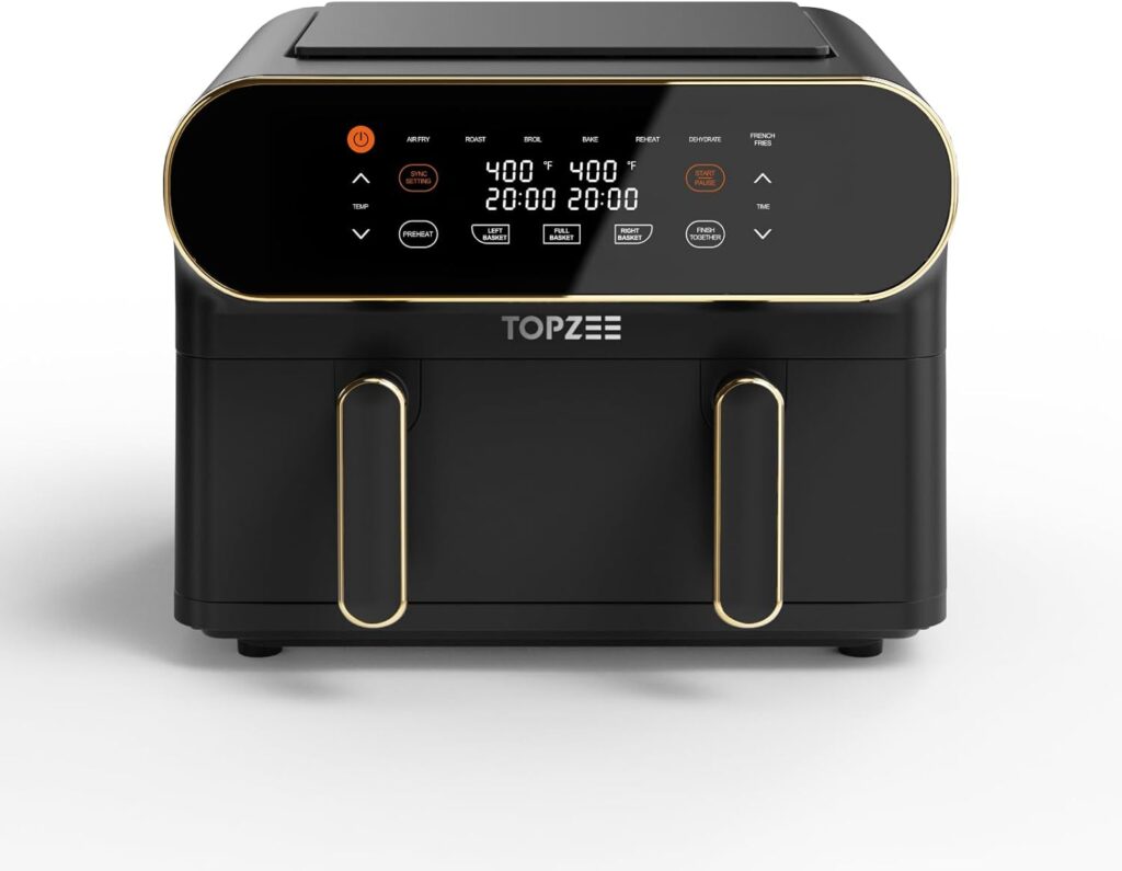 TOPZEE 11-QT Large Air Fryer, 8-in-1 XL Airfryer with Flex Basket, Divider for Dual Cooking, Preheat Air Fry, Roast, Broil, Bake, Reheat, Dehydrate, French Fries Dishwasher Safe, w/Gold Border