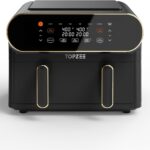 TOPZEE 11-QT Large Air Fryer, 8-in-1 XL Airfryer with Flex Basket, Divider for Dual Cooking, Preheat Air Fry, Roast, Broil, Bake, Reheat, Dehydrate, French Fries Dishwasher Safe, w/Gold Border