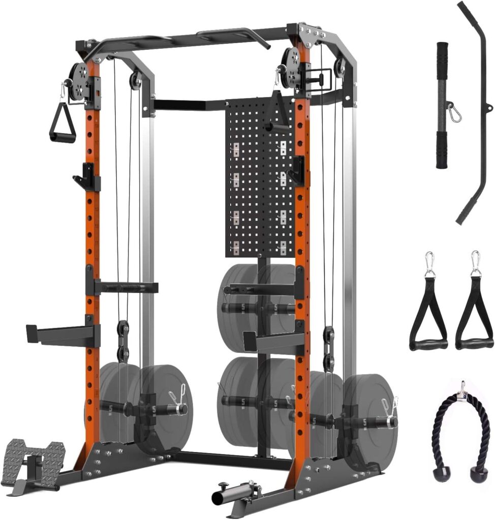GarveeLife Power Cage, 2000 LB Squat Rack with Dual Pulley Cable Crossover, Multi-Function Home Gym Power Rack with Attachments, Full Body Strength Training Equipment for Home