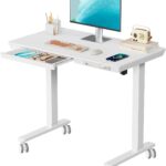 Small Standing Desk with Drawer, 35″ x 20″ Whole Piece Tabletop Electric Sit Stand Desk, Height Adjustable Desk with Storage & USB Ports, Quick Install Home Office Computer Desk, White