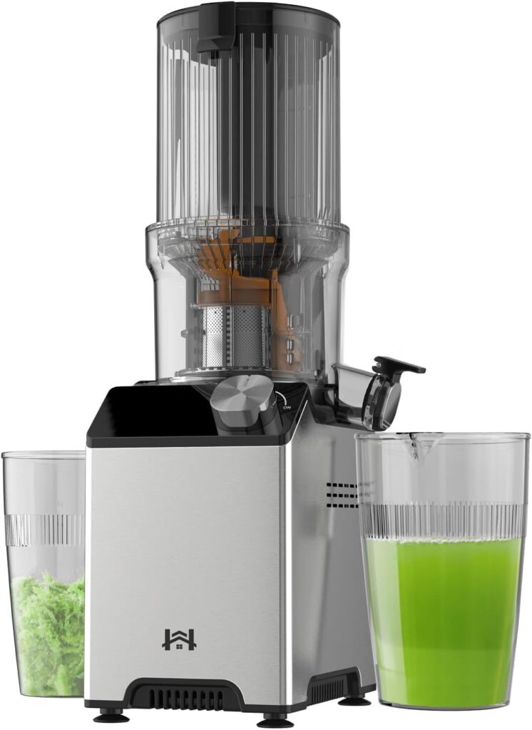 Cold Press Juicer, Juicer Machines with 4.35” Wide Feed Chute, Stainless Steel Masticating Juicers Easy to Clean, Ergonomic Operational Panel Design, High Juice Yield, Gray Knob