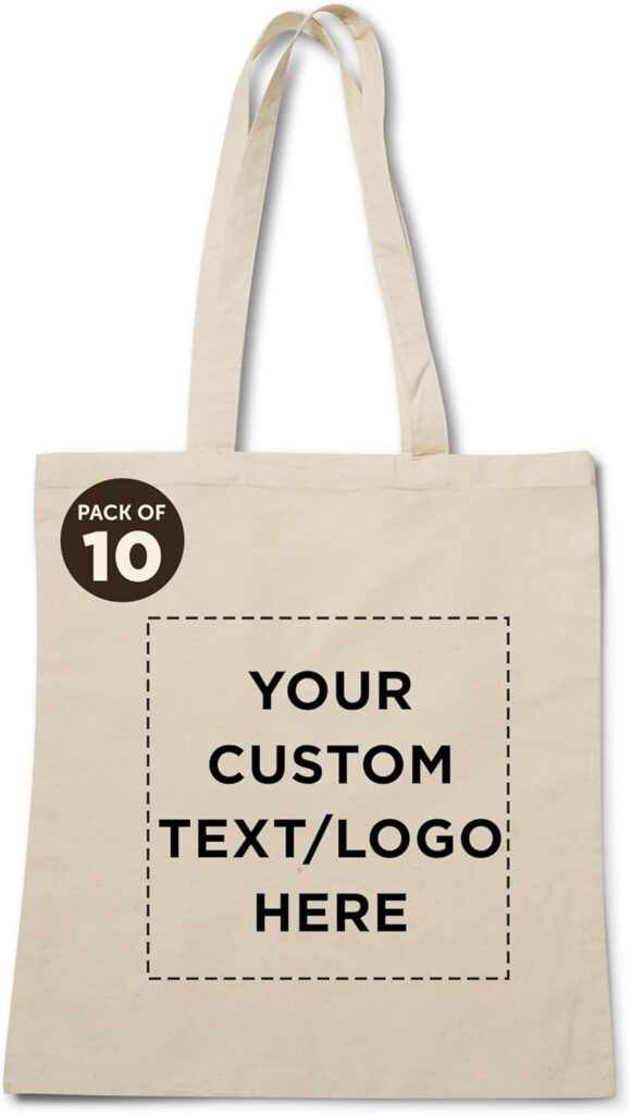 DISCOUNT PROMOS Custom Natural Cotton Fiber Tote Bags (Set of 10) – Personalized, Reusable & Eco-Friendly – Perfect for Grocery, Promotions, Branding – Natural Color, 14.5″X16″, 5 OZ Cotton
