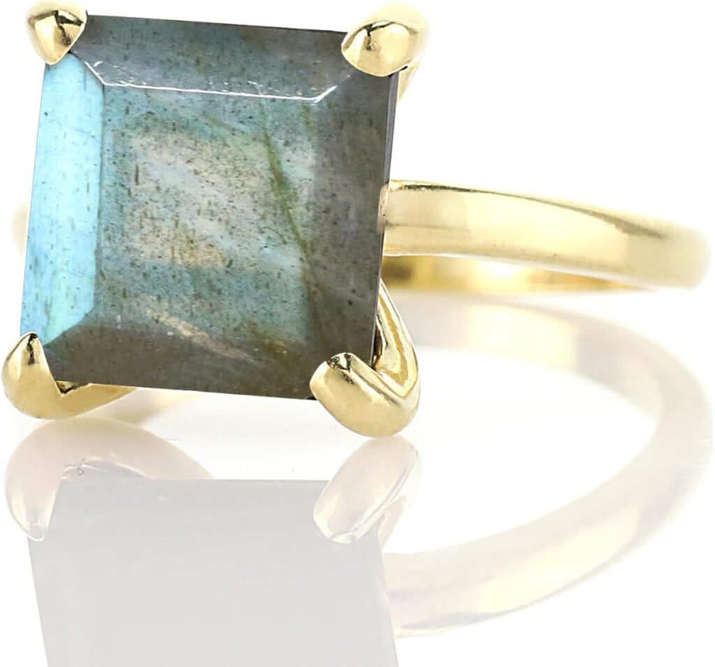 Square Luminescent Labradorite Ring – Custom Yellow Gold Cocktail Jewelry – Engraved Artisan Gemstone Rings for Women – Handmade with Box