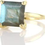 Square Luminescent Labradorite Ring – Custom Yellow Gold Cocktail Jewelry – Engraved Artisan Gemstone Rings for Women – Handmade with Box