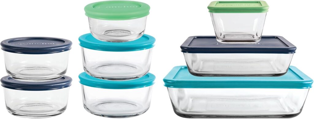 Anchor Hocking 16 Piece Glass Storage Containers with Lids (8 Glass Food Storage Containers & 8 Mixed Blue SnugFit Lids)