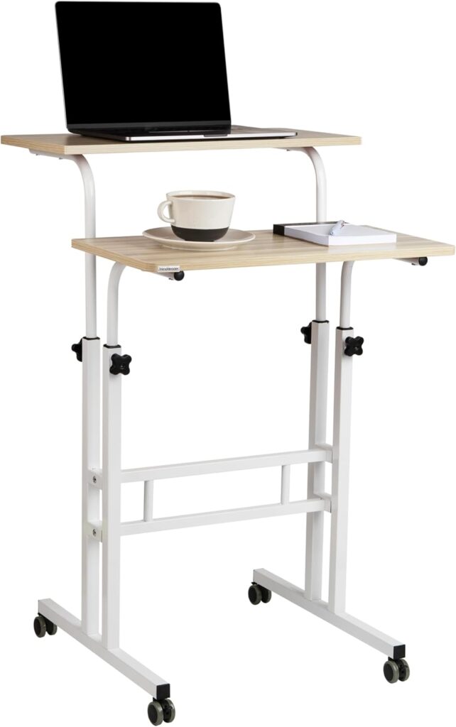 Mind Reader Standing Desk, Adjustable Height Laptop Workstation, Portable Rolling Desk on Wheels, Two-Tier Metal Frame, White