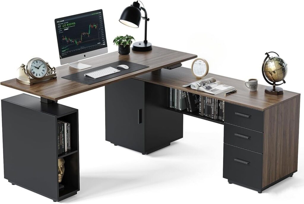 FEZIBO Electric Standing Desk with Storage, Executive Desk Adjustable, L-Shaped Design, 63 inch Tabletop, Deep Wood Grainy