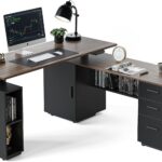 FEZIBO Electric Standing Desk with Storage, Executive Desk Adjustable, L-Shaped Design, 63 inch Tabletop, Deep Wood Grainy