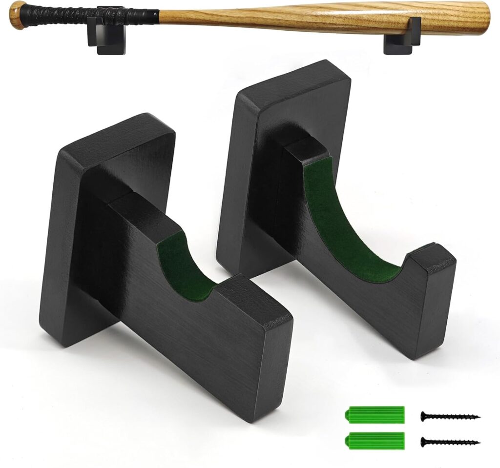 Solid Wood Baseball Bat Display Rack – Wall Mount Horizontal Bat Holder with Soft Velvet Liner, Easy Install Bracket for Baseball, Softball, Lacrosse Stick – Black (2PCS)