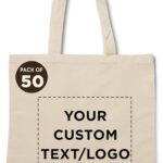 DISCOUNT PROMOS Custom Natural Cotton Fiber Tote Bags (Set of 50) – Personalized, Reusable & Eco-Friendly – Perfect for Grocery, Promotions, Branding – Natural Color, 14.5″X16″, 5 OZ Cotton