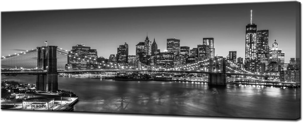 Biuteawal – Black and White Brooklyn Bridge Canvas Wall Art New York City Picture Print Manhattan Night Skyline Painting on Canvas Modern Home Office Wall Decoration Ready to Hang