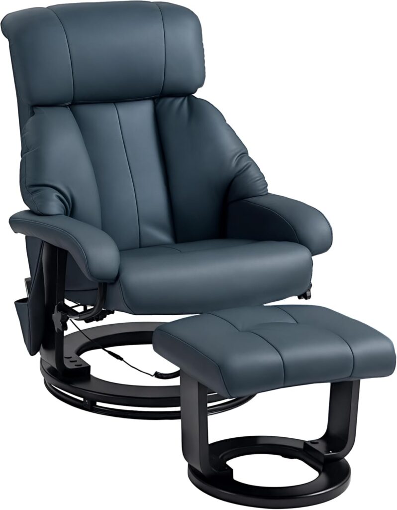 HOMCOM Massage Recliner Chair with Ottoman, 360° Swivel Recliner and Footstool, 10 Point Vibration, PU Leather Reclining Chair with Side Pocket and Remote Control, Blue