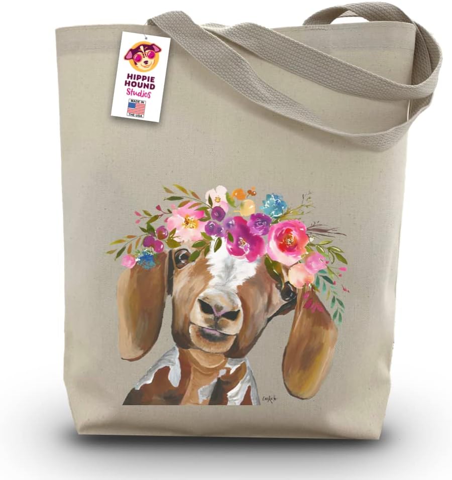 Goat with Flower Crown Tote Bag from Hippie Hound Studios – Goat Gifts for Mom – Handmade Totes – Goat Canvas Totes – Cute Goat Reusable Shopping Bag – Goat Lover Gifts – Grocery Bag – Beach Bag