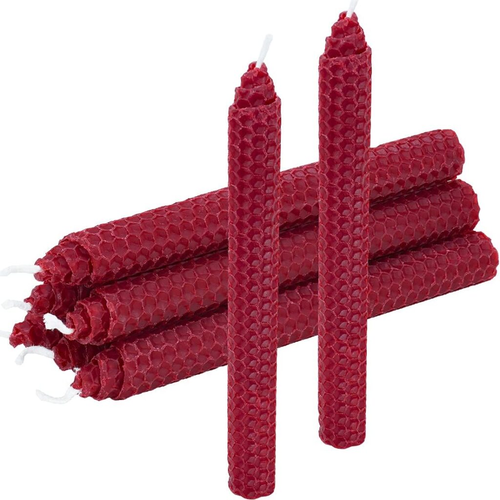 DEYBBY 8” Hand-Rolled Beeswax Taper Candles, 6 Pack Pure Natural Handmade Cone Top Candles for Romantic Decoration and Valentine’s Day Gifts Red