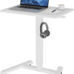 BONTEC Mobile Standing Desk Adjustable Height, Rolling Laptop Cart with Hook, Portable Workstation with Pneumatic Lift, Ergonomic Table with Wheels, Compact Home Office Desk, White 25.6″ x 17.7″