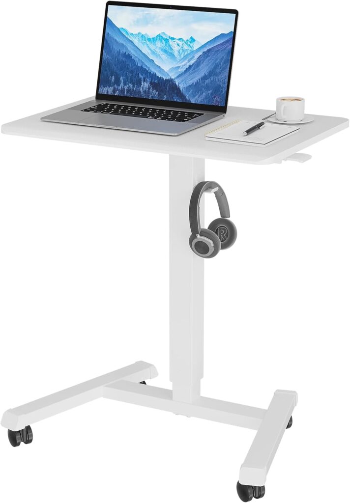 BONTEC Mobile Standing Desk Adjustable Height, Rolling Laptop Cart with Hook, Portable Workstation with Pneumatic Lift, Ergonomic Table with Wheels, Compact Home Office Desk, White 25.6″ x 17.7″