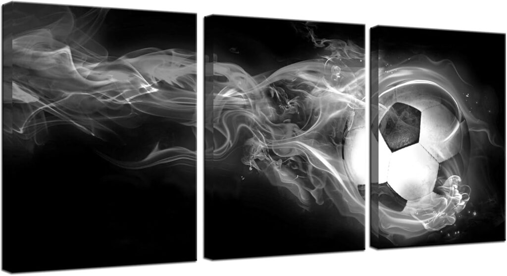 Biuteawal 3 Piece Sport Canvas Wall Art Football Soccer Picture Printed Canvas Painting for Teenager’s Boys Bedroom Decor Black White Home Office Living Room Artwork 12x16inchx3pcs