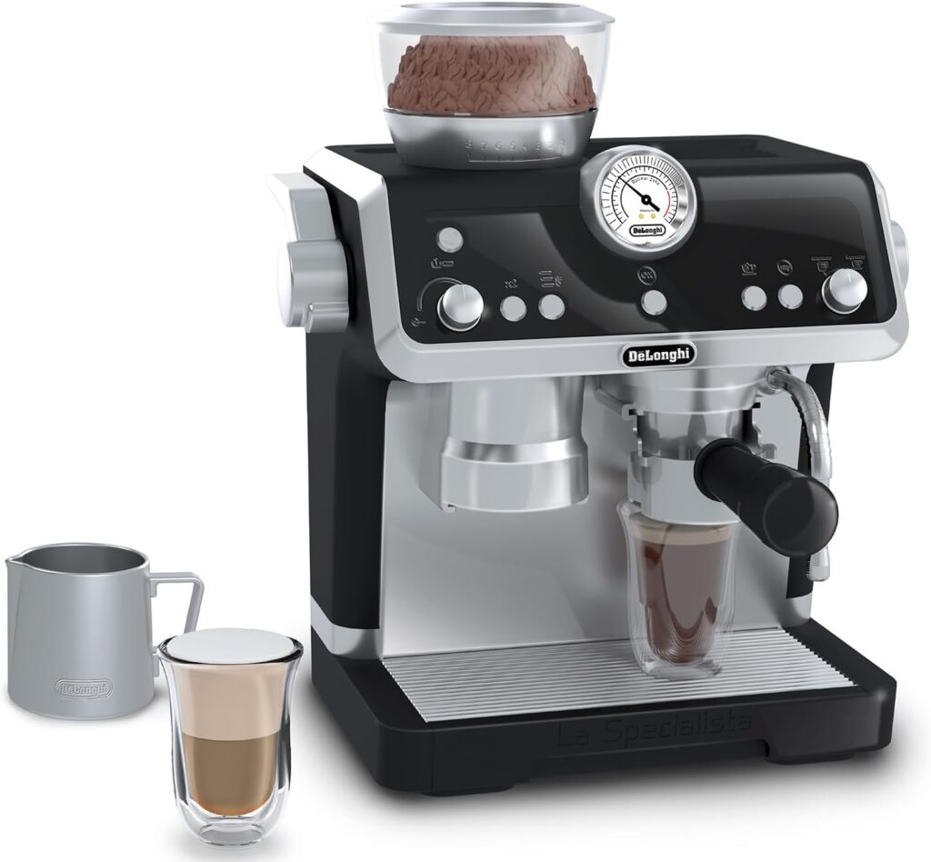 Casdon De’Longhi Toys Barista Coffee Machine. Toy Kitchen Playset for Kids with Moving Parts, Realistic Sounds and Magic Coffee Reveal. For Children Aged 3+, Silver, Black