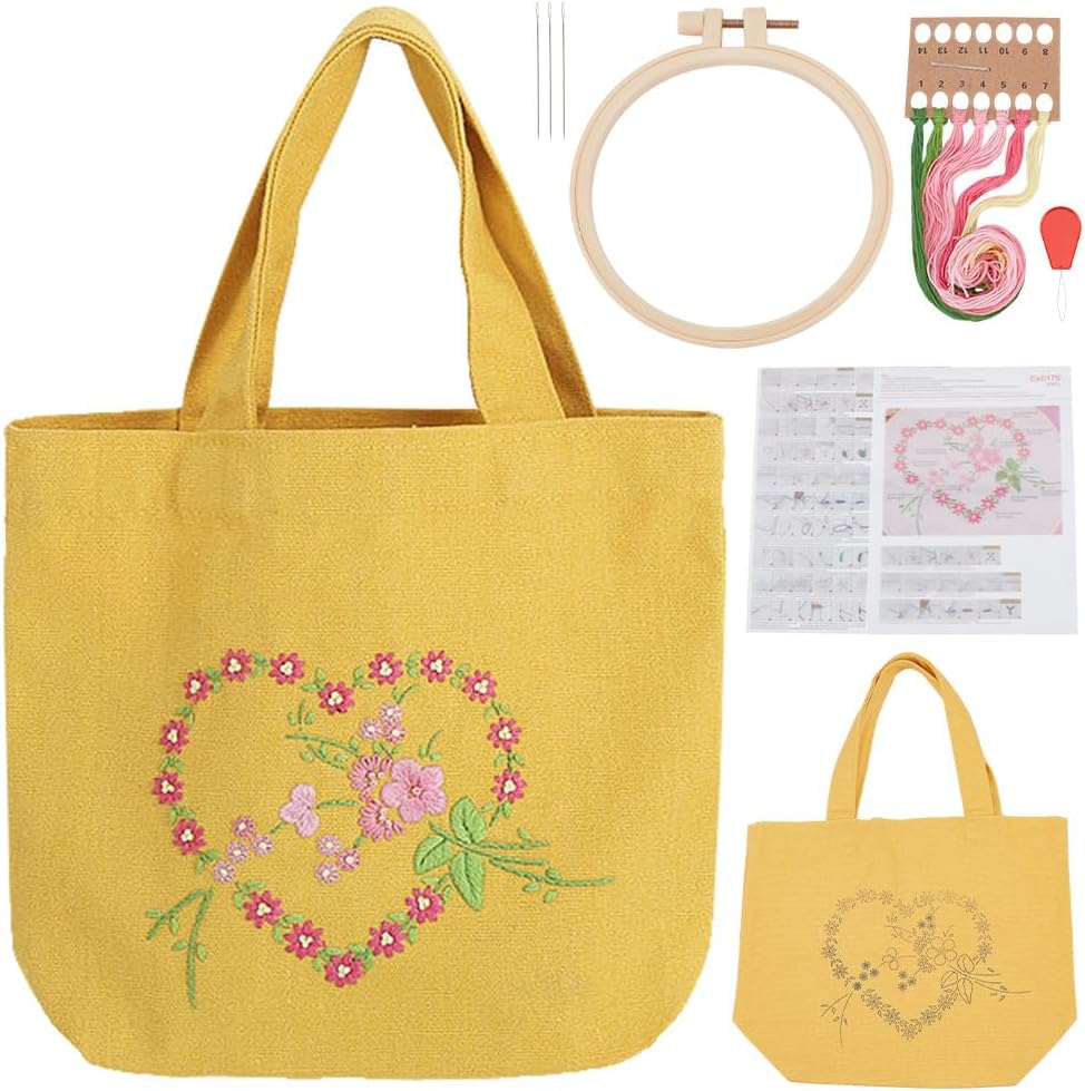 PLIGREAT Yellow Canvas Tote Bag Embroidery Kit for Beginners Adult, Heart Garland Cross Stitch Kits with Instruction Lunch Bag Embroidery Kit with Hoop and Pink Flower Pattern DIY Craft Gifts