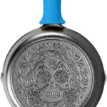 Lodge 10.25 Inch Pre-Seasoned Cast Iron Stamped Skillet Electric Blue Silicone Hot Handle Holder – Reusable Heat Protection Up to 500° – Sugar Skull