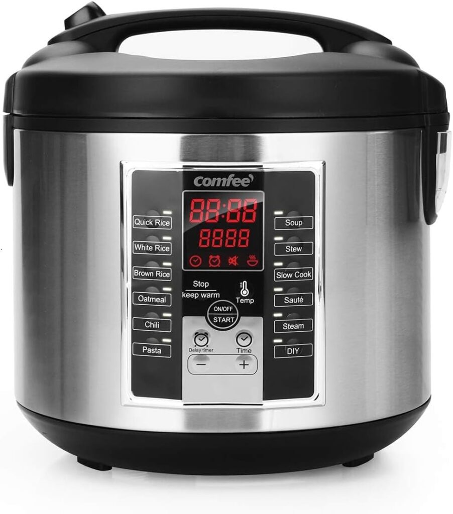 COMFEE’ Rice Cooker, Slow Cooker, Steamer, Stewpot, Sauté All in One (12 Digital Cooking Programs) Multi Cooker (5.2Qt ) Large Capacity. 24 Hours Preset & Instant Keep Warm, Black/Silver (MB-M25)
