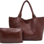 Handmade Woven Tote Bag for Women, Soft Vegan Leather Shoulder Bag with Purse, Large Travel Handbag