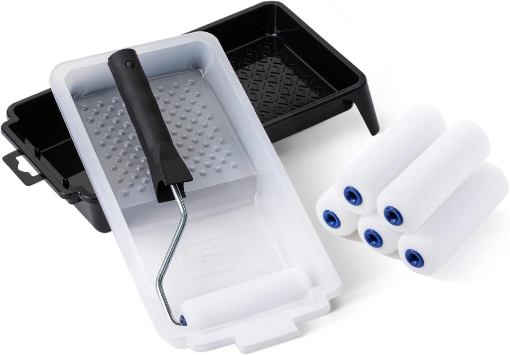 Bates- 4 Inch Foam Paint Roller Set, 8 pcs, Small Paint Roller Kit, 1x Black Plastic Paint Tray, 1x Tray Liner, 1x Roller Frame & 5X Foam Covers